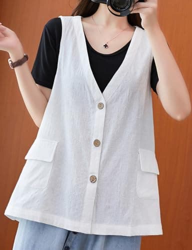 Womens Linen Vest Casual Loose Fit Button Down Sleeveless Blazer