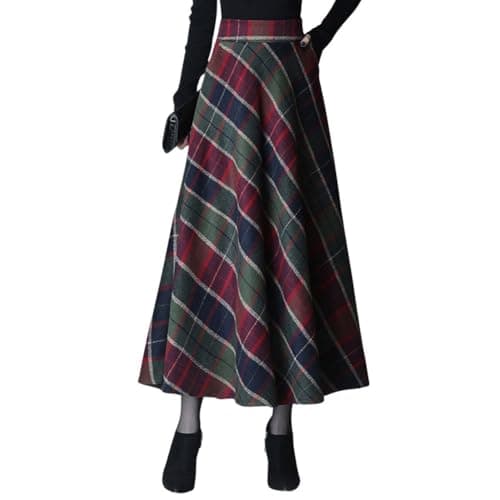 Women's Elastic Waist Plaid Wool Blend A-Line Skirt with Pockets — Green