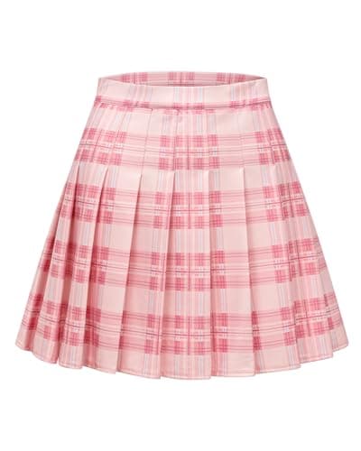 Shestellar Women's Comfortable High-Waist Pleated Mini Skirt — Pink Plaid