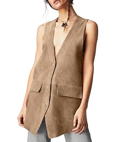 Locachy Women's Steampunk Suede Vest with Pockets Casual Button Down — Coffee