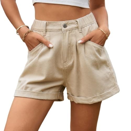 High waist denim shorts with pockets for women — C-khaki