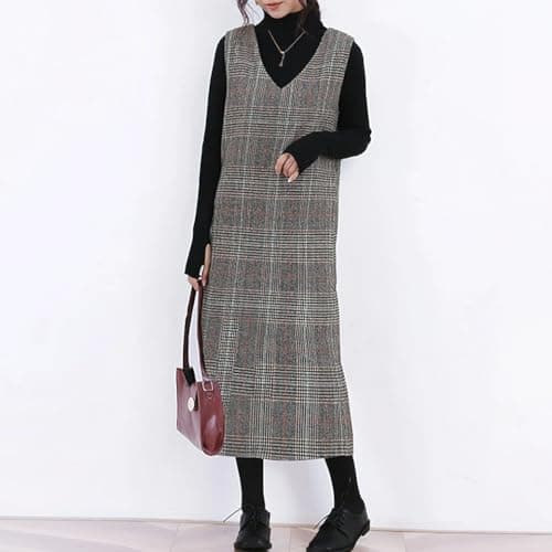 Chouuya Women's Plaid Wool Midi Business Dress
