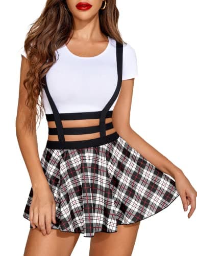 Avidlove Women's Sexy A-Line Suspender Skirt with Pleated Short Braces — Black White Plaid
