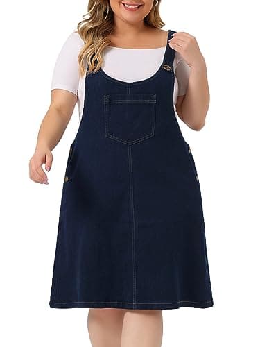 Agnes Orinda Plus Size Women's Denim Overall Bib Dress — Black Blue