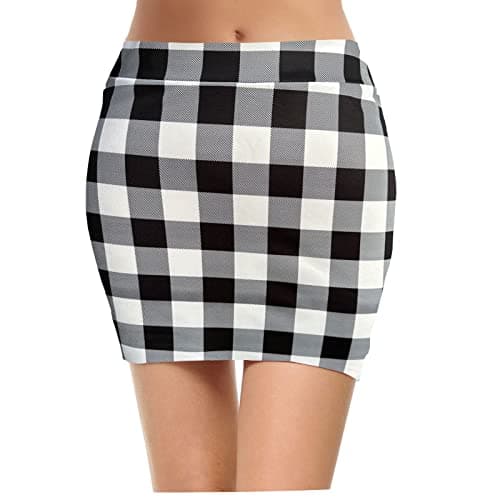 Topdress Women's High Waisted Elastic Pencil Skirts with Slit — Black White Plaid Mini