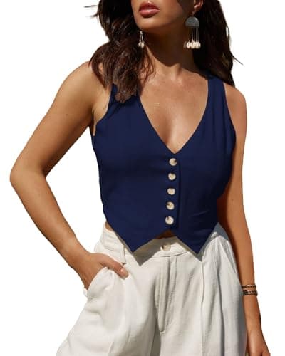 Mina Self Women's Linen V-Neck Tank Top Lightweight Cut-Cropped Casual Beach Vacation Corset Top — Blue