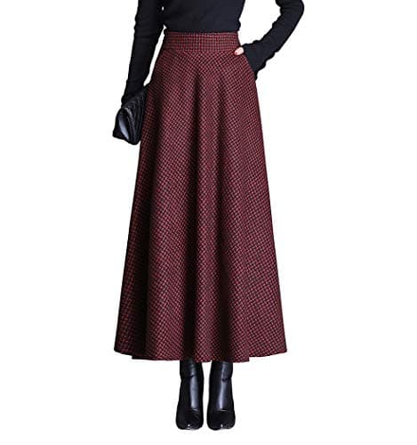 Artykey Women's High Waist Warm Plaid Wool Maxi Skirt S-3XL — B Red Wine