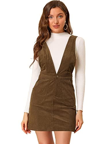 Allegra K Women's Corduroy V-Neck Mini Pinafore Dress