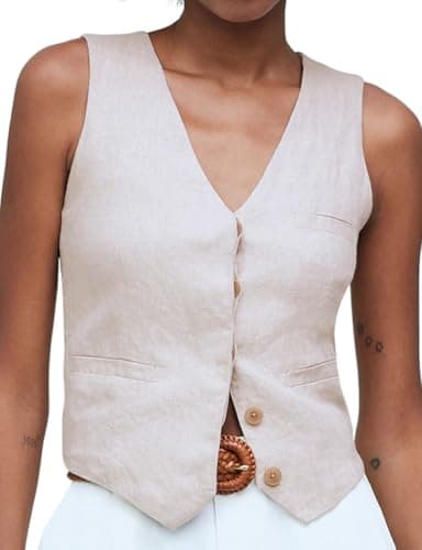 IDEALSANXUN Women's Summer Linen V-Neck Button-Down Suit Vest — Beige