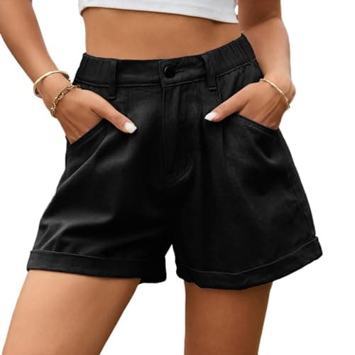 High waist denim shorts with pockets for women — C-black