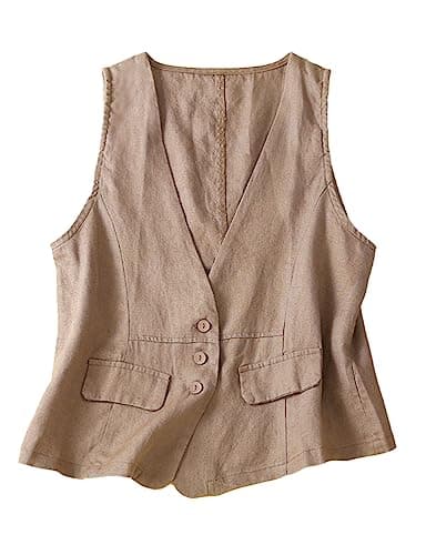 Womens Sleeveless Cotton Linen Vest V Neck Cardigan Jacket — Khaki