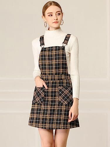 Women's Plaid Overall Dress with Adjustable Straps