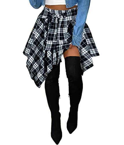 Atyfuniby Women's High Waisted Plaid Mini Skater Skirt with Knot Front — Black White