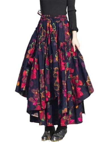 Womens Elastic Waist Retro Maxi Pleated Long Skirt — Print 9