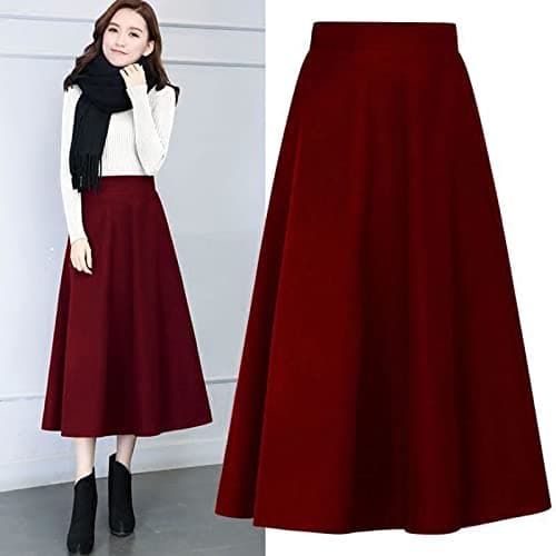 Vintage High Waist Elastic Midi Wool Skirt for Women