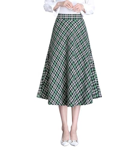 Biilyli Women's High Waist Wool Plaid Midi Skirt — Green