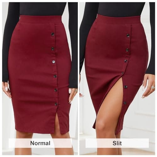 Byinns Women's High Waist Plaid Midi Work Skirt with Button Slit
