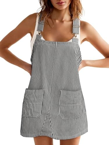 Yousify Women's Casual Striped Denim Overalls Sleeveless Dress with Pockets — Black