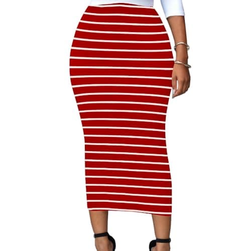 Lrady Women's High Waist Slim Maxi Pencil Skirts for Night Out Party — Striped (Red and White)