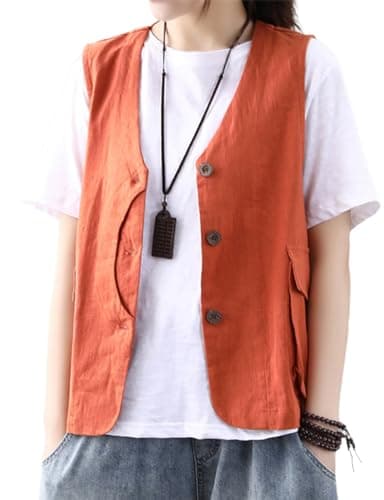 Womens Linen Sleeveless Blazer Jacket — Orange