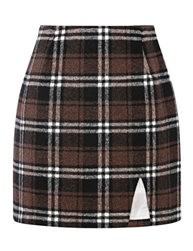 High Waisted Wool Plaid Mini Skirt with Slit for Women by IDEALSANXUN — Coffee