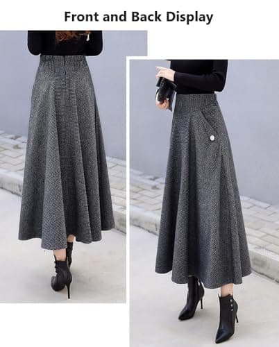 Chouyatou Women's Elegant Houndstooth Midi Wool Skirt with Pockets