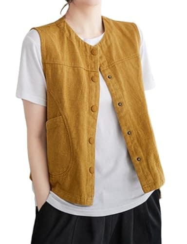 Womens Cotton Linen Vest Casual Button Down Sleeveless Spring Jackets