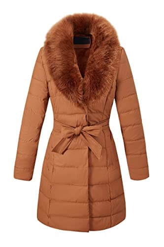 Bellivera Women's Winter Puffer Jacket with Removable Fur Collar — Camel