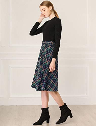 Allegra K Women's Vintage Tartan Midi Skirt with High Waist Belt