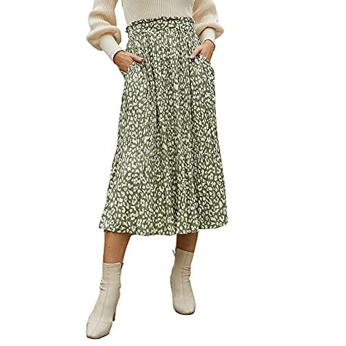 EXLURA Women's High Waist Pleated Polka Dot Maxi Midi Skirt with Pockets — Green-leopard