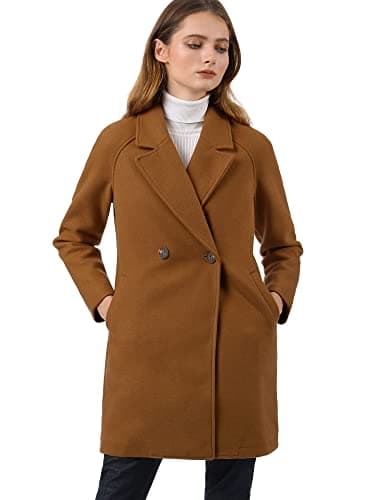 Allegra K Women's Notched Lapel Double Breasted Winter Coats — Brown