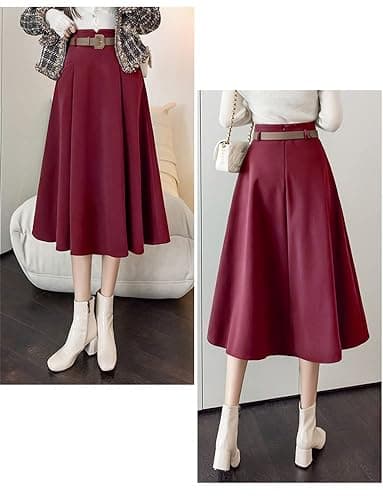 High Waisted A-Line Wool Midi Skirt for Women