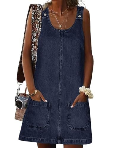 HUEOBIR Denim Overall Dress for Women Round Neck Skirtall Jean — Classic Blue