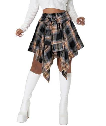 Atyfuniby Women's High Waisted Plaid Mini Skater Skirt with Knot Front — Yellow Orange
