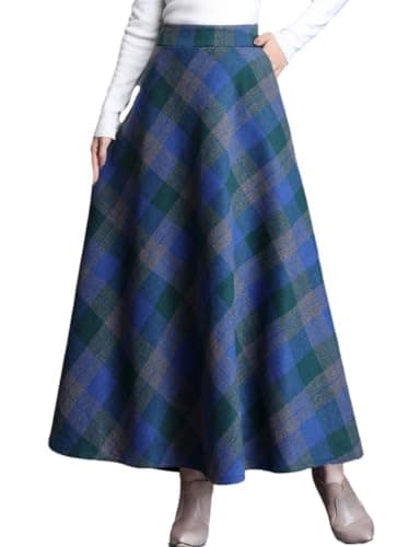 SUNYUESTAR Women's Warm Elastic Waist Wool A-Line Pleated Winter Skirt — Blue