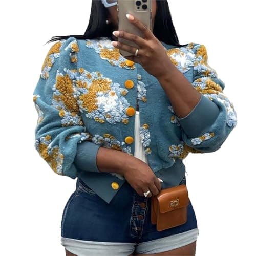HOULENGS Women's Cropped Floral Fleece Bomber Jacket for Winter Warmth