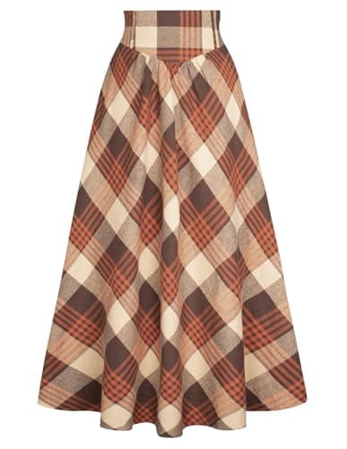 Scarlet Plaid Victorian Maxi Skirt for Women High Waist — Deep Brown Plaid