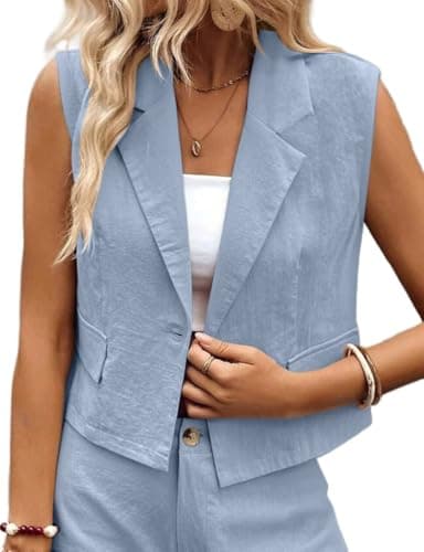 IDEALSANXUN Linen Vest for Women: Lightweight Summer Cropped Blazer Tops — Light Blue