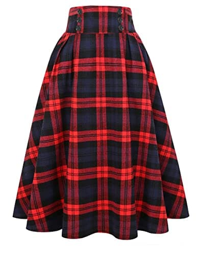 Women's High Waist Plaid A-line Midi Skirt by IDEALSANXUN — Red