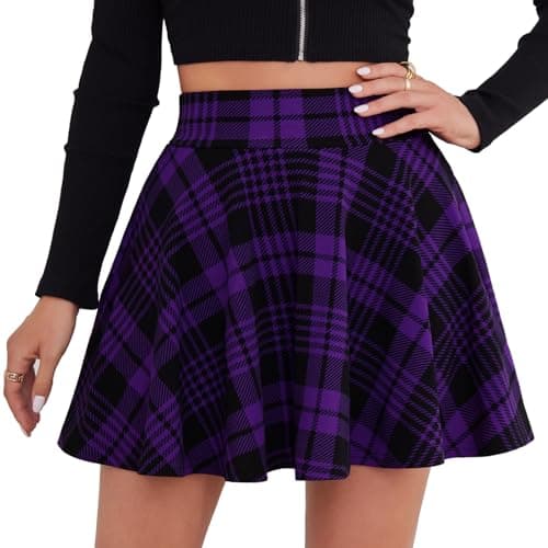 DJT Women's Flared Pleated Mini Skater Skirt with Shorts — Purple Plaid