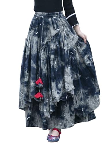 Womens Elastic Waist Retro Maxi Pleated Long Skirt — Print 001