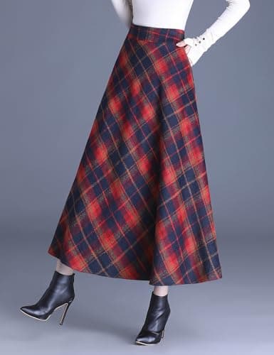 Biilyli Women's Plaid Wool Maxi Skirt with High Waist Elastic Waist