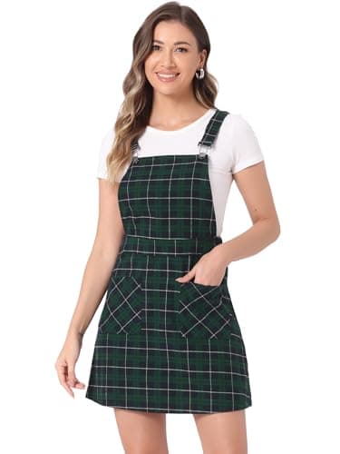 Women's Plaid Overall Dress with Adjustable Straps — Blue-green