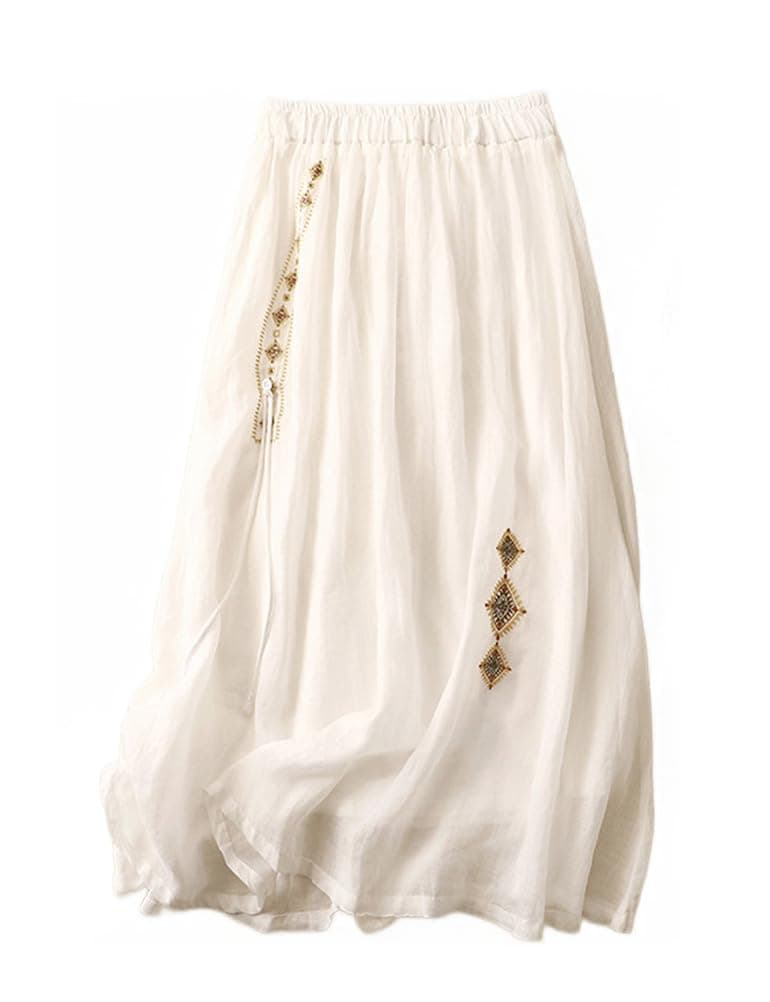 Linen Women's Summer Flare A Line Embroidery Skirt