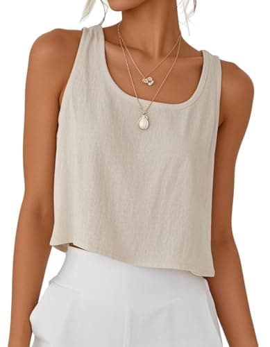 IDEALSANXUN Women's Cotton Linen Crop Top Summer Sleeveless Tops — Beige