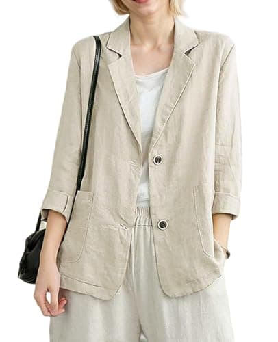 YOUNIFIZ Women's Linen 3/4 Sleeve Notch Lapel Summer Casual Blazer Jackets with Pockets — A_beige