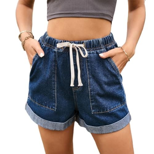 High waist denim shorts with pockets for women — B-dark Blue