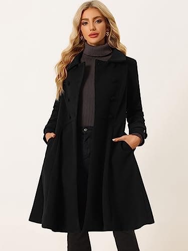 Allegra K Women's Winter Line Trench Coat Lapel Swing Double Breasted