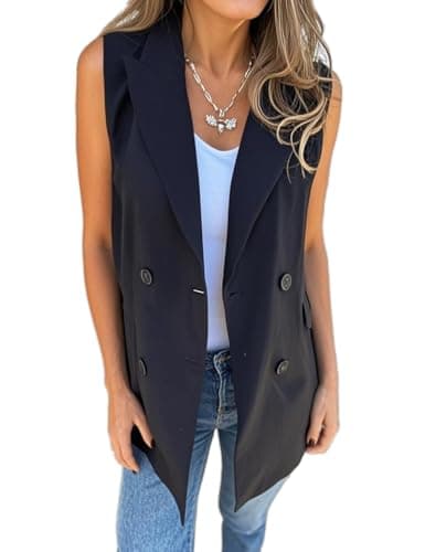 IDEALSANXUN Women's Long Double Breasted Sleeveless Blazer Jacket — Black