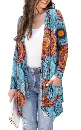 Veryoung Women's Lightweight Floral Long Sleeve Cardigan with Pockets — A17-floral_round_blue